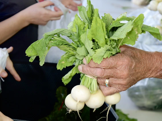 Photo of a person handing vegetables to another person