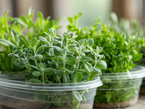 herbs growing in plastic container