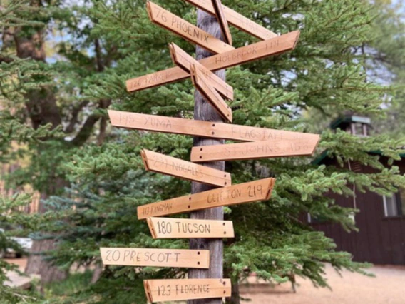 sign post pointing to diffrent directions at 4-H james camp