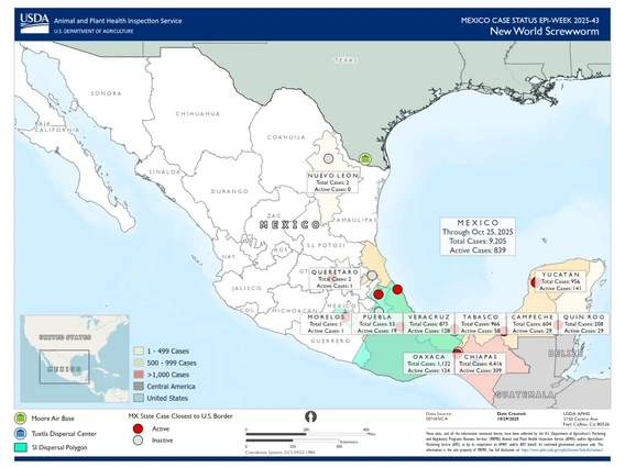 map of Mexico and parts of texas with a majority of red points in southern mexico showing reported locations of new world screwworm.