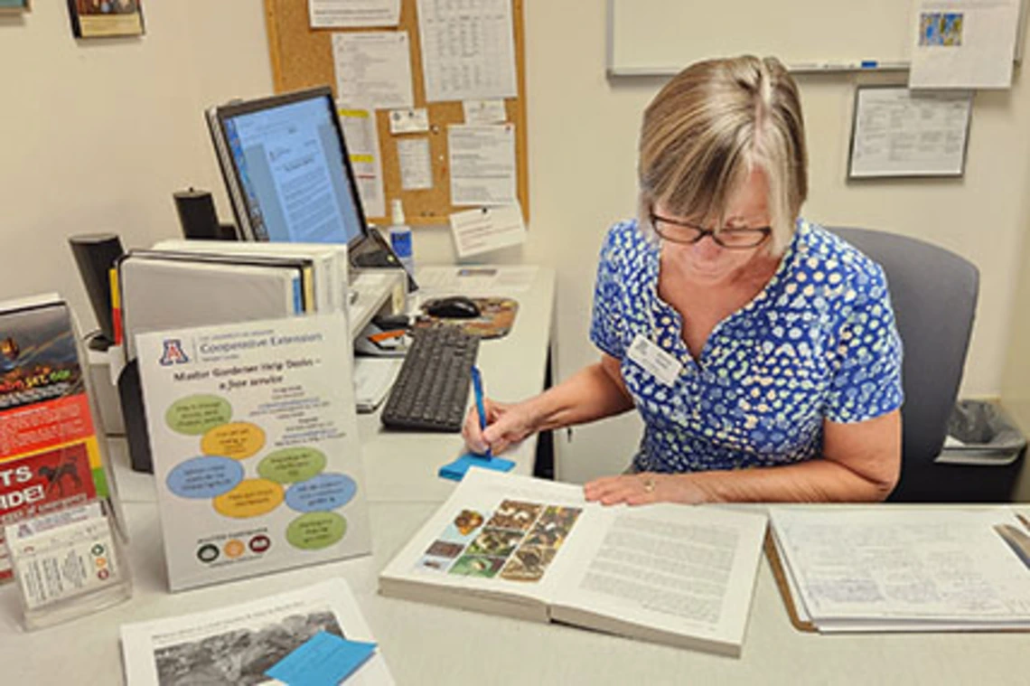 Woman at desk with open book