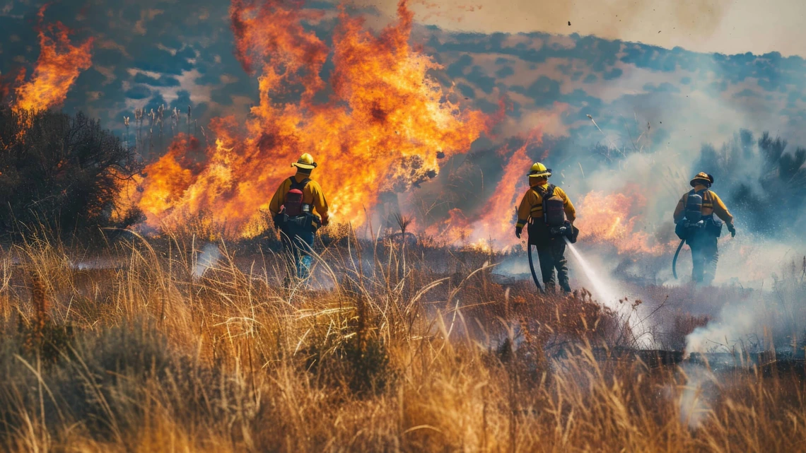 Flames spreading through dry grass and brush in a wildfire, with firefighters on scene to control the blaze