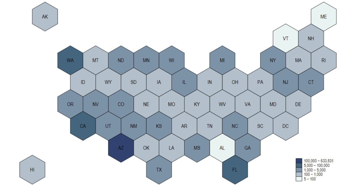 United States map with different color gradient for number of people from state attending arizona athletic events