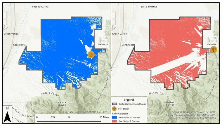 Two base station coverage maps showing differences in coverage depending on the position of the base station relative to topography at the Santa Rita Experimental Range (SRER). 