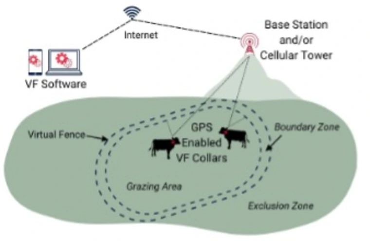 Conceptual model of virtual fencing (VF) hardware and software used to establish and adjust a virtual fence and the boundary zone.