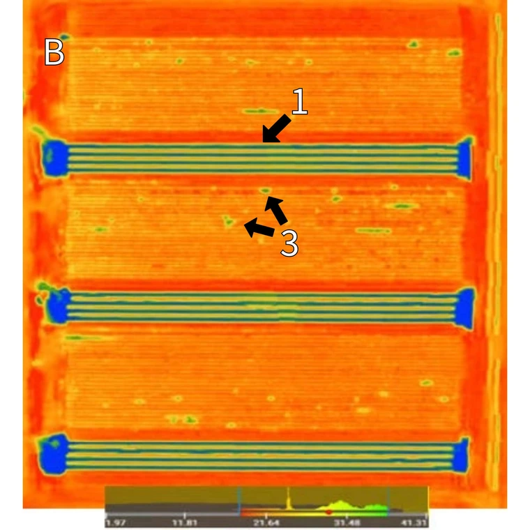 Surface temperature overhead drone photo of agriculture field