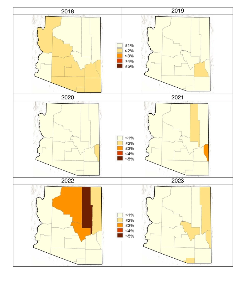 state maps of arizona showing howowner insurance non-renewal rates, with 2022 showing highest rates Navajao County follwed by Coconino, APache and Gila counties.