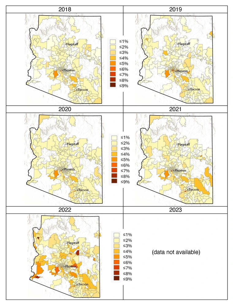 Maps of Arizona 2018-2022 divided by zip codes of non-renewal rates, with 2022 showing the highest rates of non-renewal