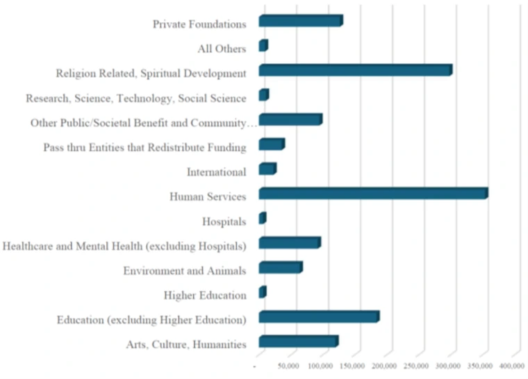 religion related, human services and education, not including higher ed are the most prominant types of 501c3's registerd with the IRS