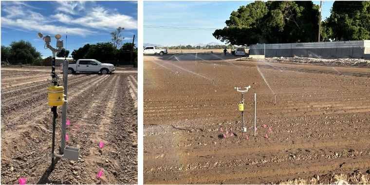 weather instruments on waist-high pole in filed with drip irrigation and running sprinkler irrigation