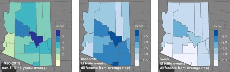 three maps of el nino events, with most preciptiation across the maps in Gila County 