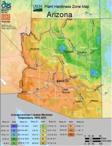 USDA Plant Hardiness Zone Map for Arizona