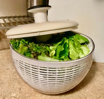 lettuce in salad spinner with lid open on counter