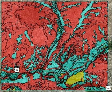 topographical style map showing outlines of prime soil areas for farmland, with a majority of the map showing subprime land