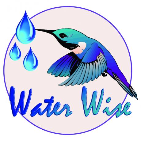 water wise logo; blue hummingbird drinking water droplets with the water wise wording