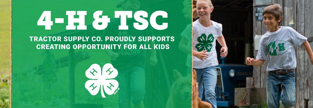 Image of three 4-H members chasing a dog, overlaid by the words "4-H & TSC: Tractor Supply Co. proudly supports creating opportunity for all kids"
