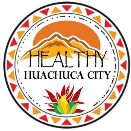 healthy Huachuca city logo, red and yellow colors with sunset over mountains