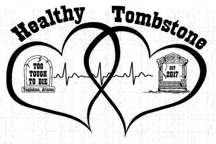 Healthy Tombstone logo. black and white with two hearts, two headstone images, all linked with an EKG reading image